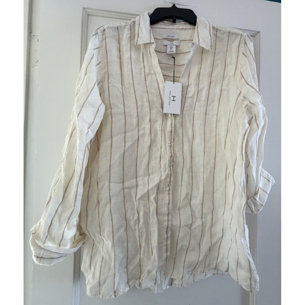 H by Halston 100% Linen Button Down Shirt Size L Striped Beachy Coastal NWT